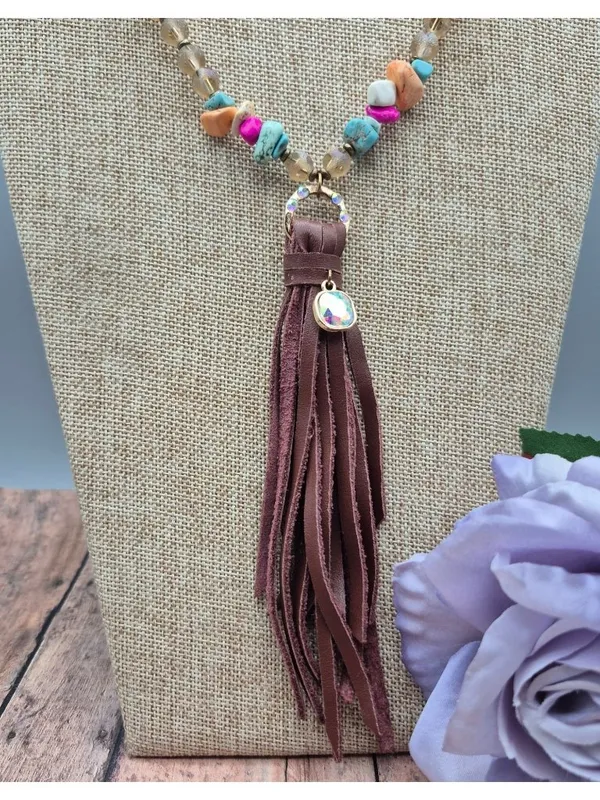 Handmade Bohemian Style Beaded Necklace Colorful Stone & Brown Leather Tassel Pendant 32" - Image 8