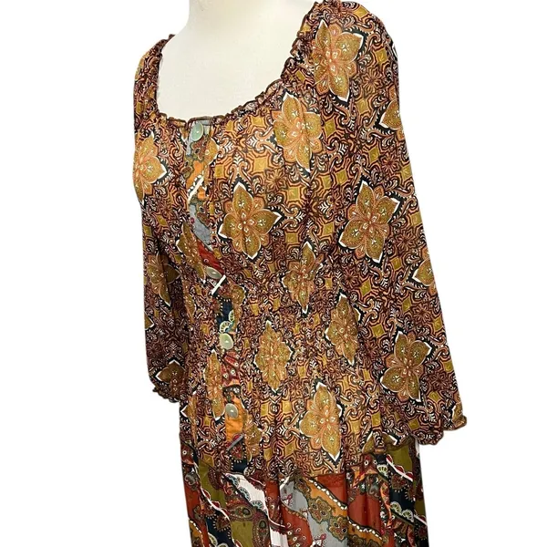 Anthropologie Fig And Flower Maxi Dress L Petite Multi Paisley Sheer Tiered Boho - Image 4