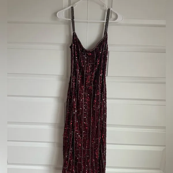 Mac Duggal 10770 Burgundy Beaded Spaghetti Strap Midi‎ Slip Dress Size 2- NWT - Image 4