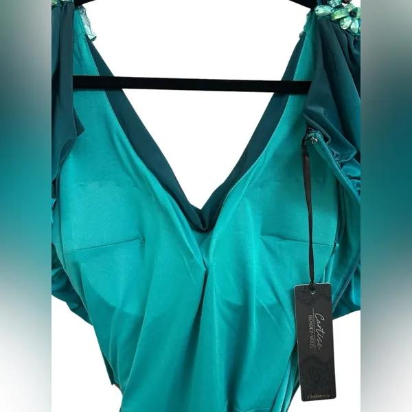 NWT‎ Cocktail Bodycon Embellished Bead Ombre Teal Blue Ruched Zip Mini Dress 12 - Image 5