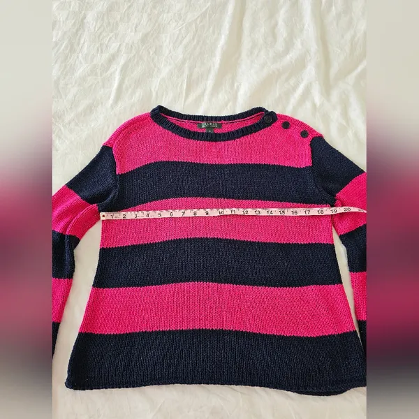 Lauren Ralph Lauren Pink & Navy Striped Button Shoulder Sweater – Size M - Image 6