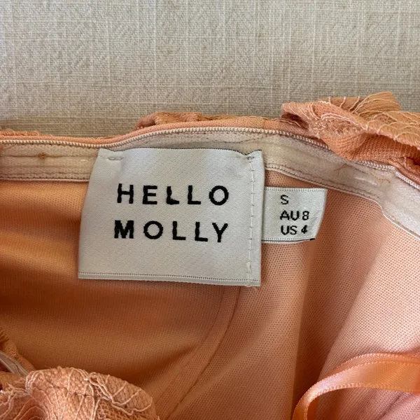Hello Molly Lace Mini Dress Womens Size 4 Peach Coral Ruffle Off Shoulder Floral - Image 7