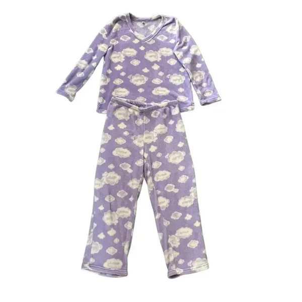 Victoria's Secret Pink Women's XL Lavender‎ Cloud Print V-Neck Fleece Pajama Set - Image 2