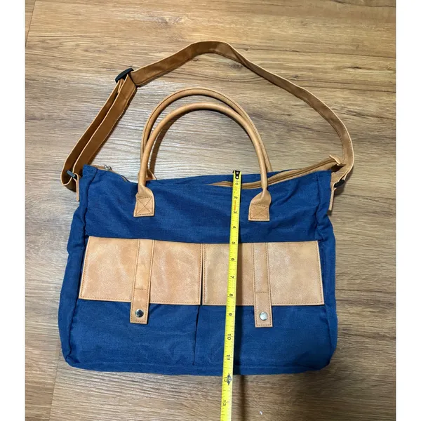 Navy Blue Canvas Tote Bag Tan Faux Leather Trim Crossbody Laptop Travel Satchel - Image 4