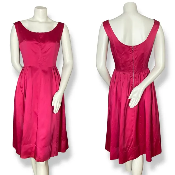 Vintage 1950s Dress A-Line Pink‎ Sleeveless Retro Satin FLAWS Handmade Zip-Up - Image 2