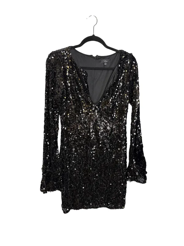 ✨ Lulus‎ Fabulous Sparkle Black Sequin Cutout Long Sleeve Mini Dress Small ✨ - Image 2