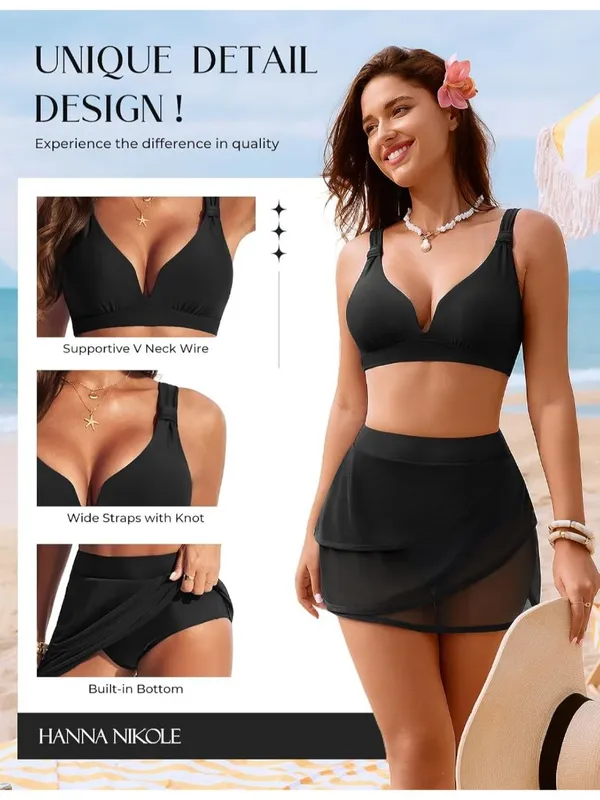 Hanna Nikole 2 PCS High Waist Bikini Tummy Control Black Swimsuit Skirt LARGE - Image 4