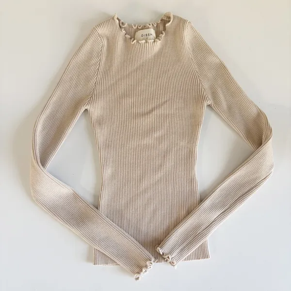 DISSH Womens Sophia Stone Beige Clean Girl Ribbed Lettuce Trim Knit Top Size S - Image 2