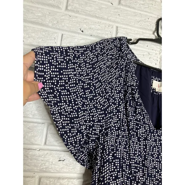 Anthropologie Mini Dress Womens M Navy Polka Dot Excellent‎ V-Neck Tiered Ruffle - Image 2