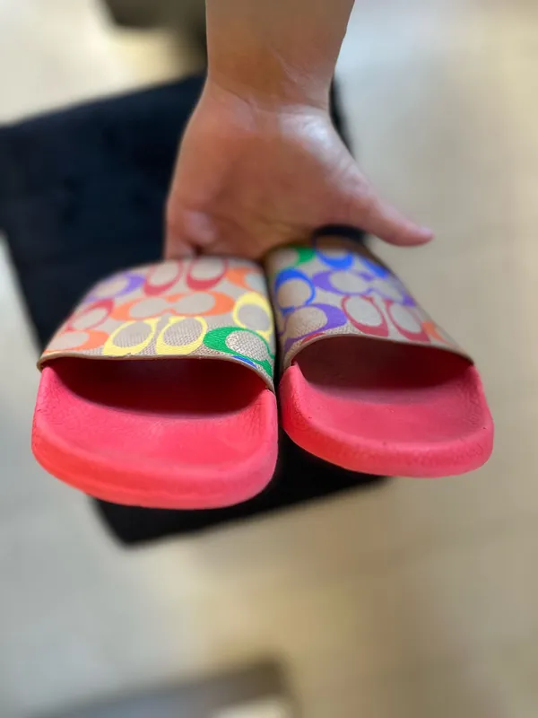 Coach Udele Slide Sandals Rainbow Canvas Multi Pop Red - Image 12
