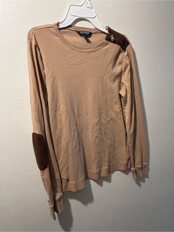 Lauren Ralph Lauren Beige Sweater with Brown Elbow Patches - Image 3