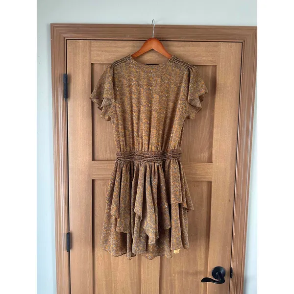 Storia Brown Floral Ruffle Mini Dress Butterfly Sleeves Women’s size Medium - Image 6