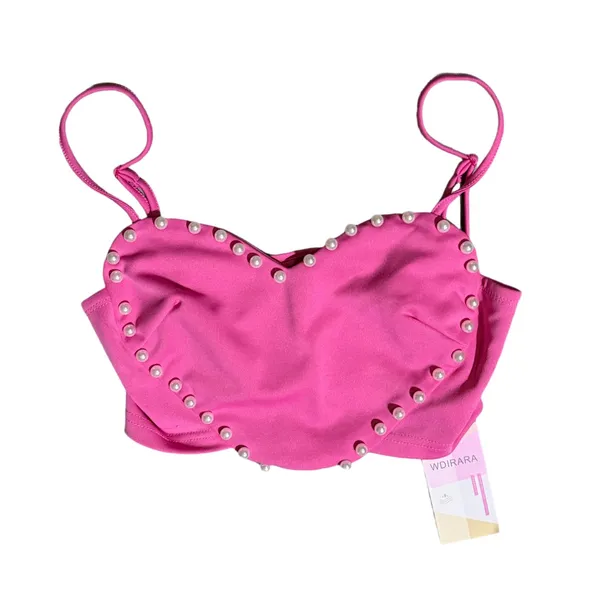 NWT WDIRARA Heart Pearl Crop Top Hot Pink Cami Spaghetti Strap Size Small - Image 5