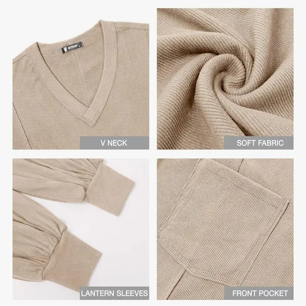 NWT BTFBM Casual V Neck Ribbed Knitted Shirts Loose Balloon Sleeve Top Size M - Image 5