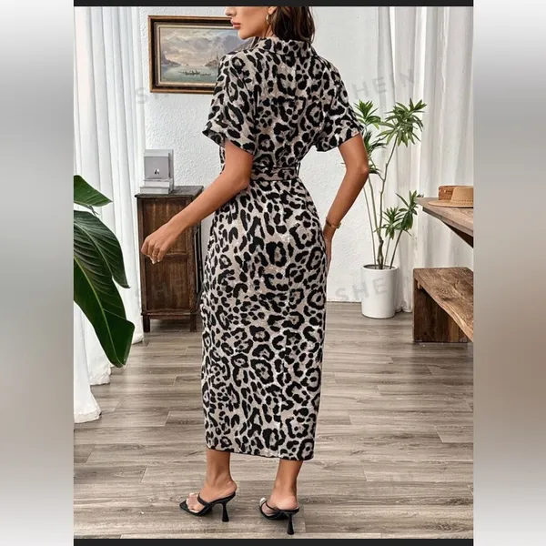 Abstract Print (NOT Animal Print) Short Sleeve Button Down Tie Dress - Image 3