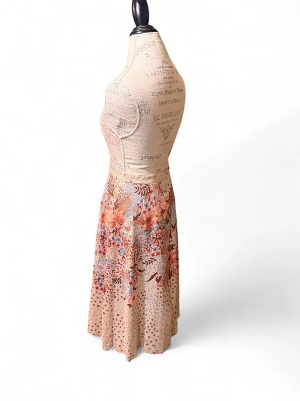 Orange, Brown, and Beige Floral Print A-Line Midi Wrap Skirt - Image 5