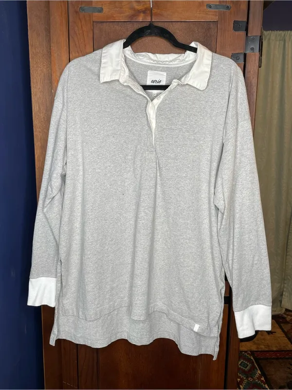 Aerie Womens Oversized Rugby Polo Shirt Medium Gray White Preppy Coastal Lounge - Image 2
