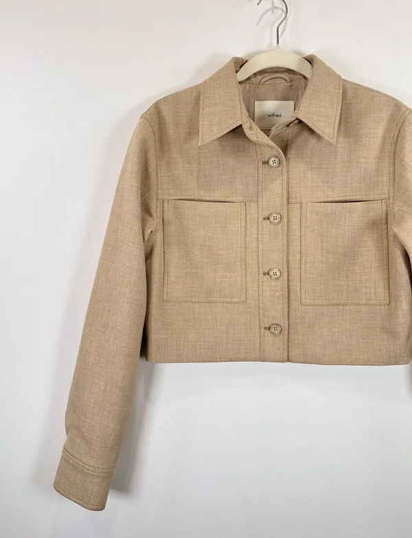 Aritzia Wilfred Womens Jacket Beige Little Cropped Button Up Crepette Stretch XS - Image 6