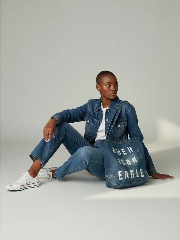 American Eagle Outfitters Denim Tote in Blue with White Logo - Image 2