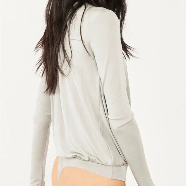 Free People Intimately Turnt Drapey Bodysuit Oxide Silver Longsleeve V - Image 4