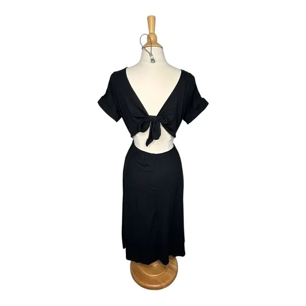 Entro Midi Dress Womens Small Black Open‎ Tie Back Short Sleeve Pockets 6164 - Image 11