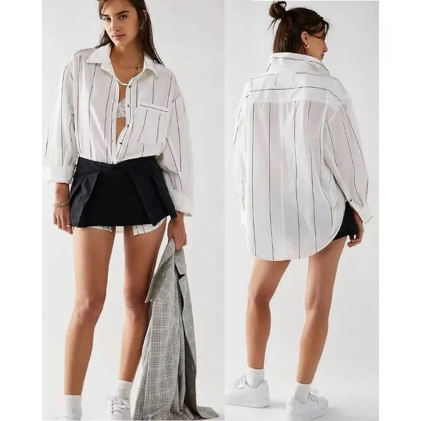 Free People Oversized Happy Hour Stripe Button Down Top White Black Small Preppy - Image 4