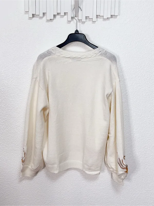Miss Sparkling Ivory Floral Embroidered Open Front Knit Cardigan Sweater - Image 7