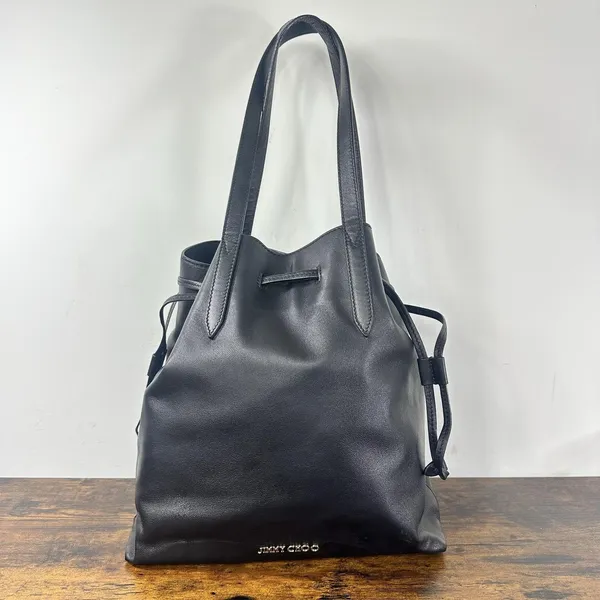 Jimmy Choo Bucket Drawstring Bag Womens Small Black Leather Shoulder Purse Italy - Image 3
