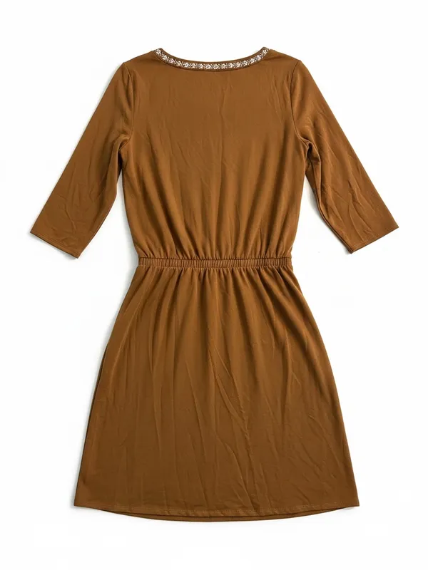 Garnet Hill Knit Dress Womens Small Brown Embroidered Elastic Waist - Image 6
