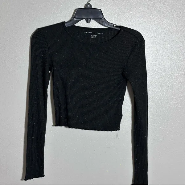 American Eagle Women Ribbed‎ Gray/Black Long Sleeve Crop Top size XS - Image 2