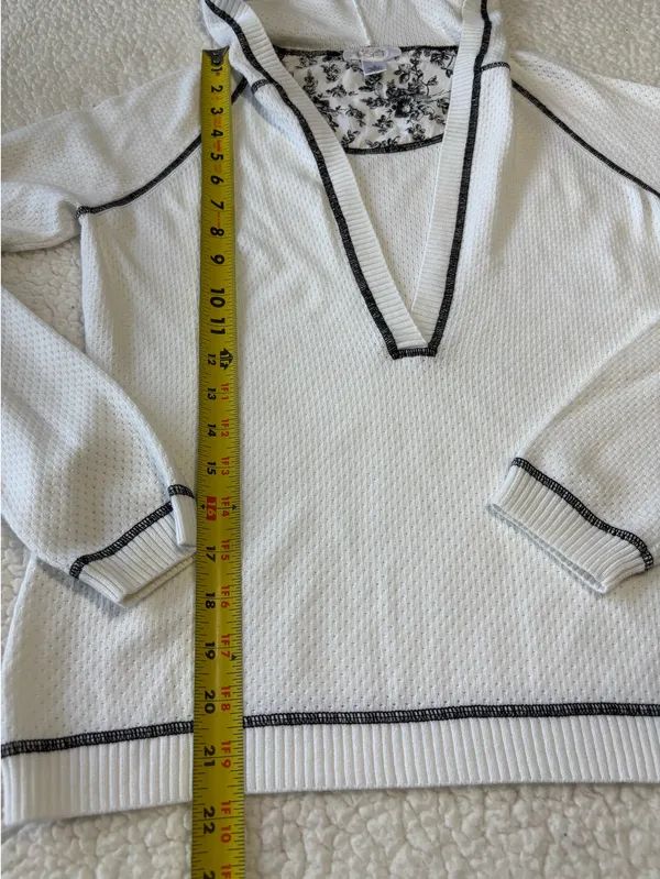 LOFT Plunging V-Neck Waffle Thermal Pullover Hoodie Black Contrast Trim Size S - Image 3