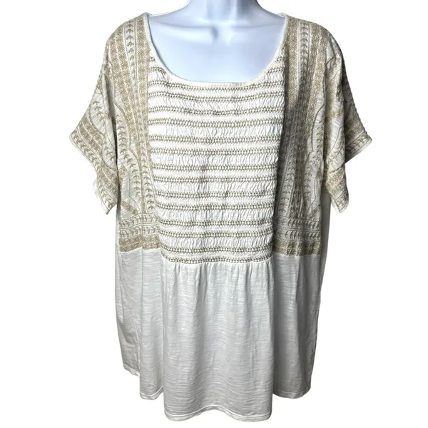 J. Jill White and Tan Embroidered Bohemian Milk‎ Maid Renaissance Blouse XL - Image 2