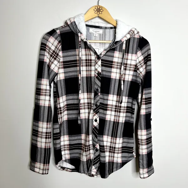 No Comment Black Pink Plaid Hooded Button Down Top - Image 4