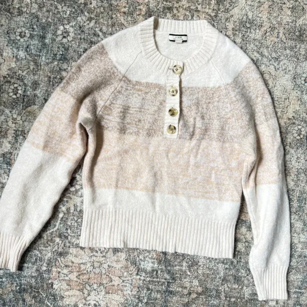 J.Crew 100% Cashmere marled sweater in stripe Henley Tan Cream Suze Sm - Image 9