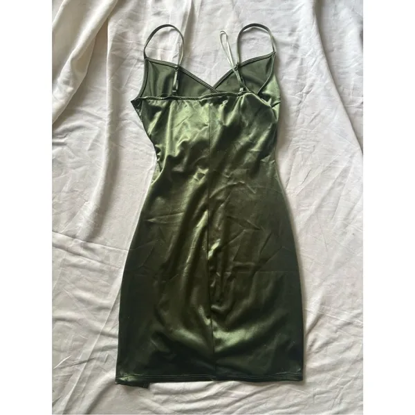 Olive Satin Slip Dress with Side Ruched Detail - Image 4
