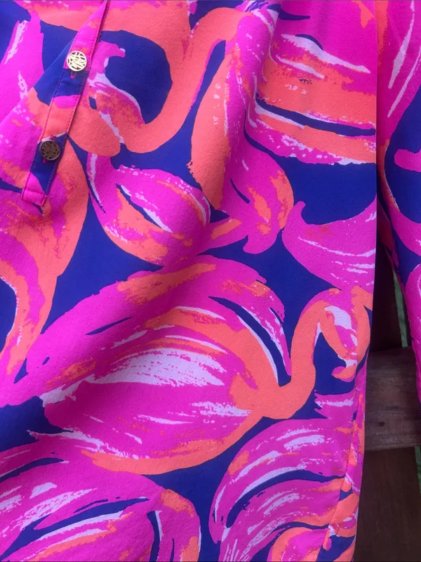 Lilly Pulitzer Elsa Plume Blume Flamingo Silk Long Sleeve Blouse Size Medium - Image 13