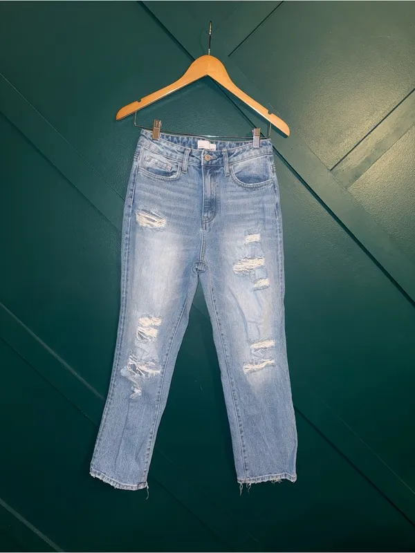 Vervet High Rise Distressed Straight Leg Jeans Light Wash Raw Hem Women's Denim - Image 2
