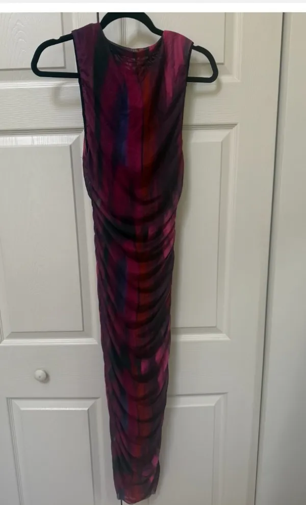 Purple Abstract Ruched Mesh Maxi Dress — Small - Image 4