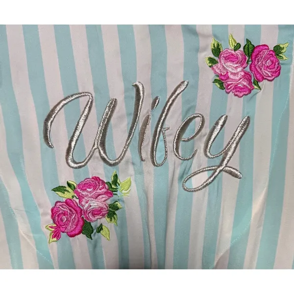 Betsey Johnson Medium Wifey Embroidered Striped‎ Robe Mint Green White Floral - Image 6