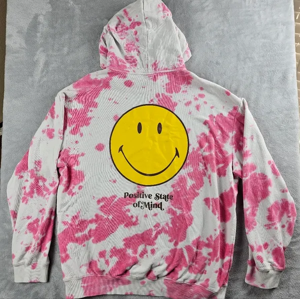 H&M Smiley Collaboration Positive Pullover Hoodie Women's Size Large Tye Dye - Image 14
