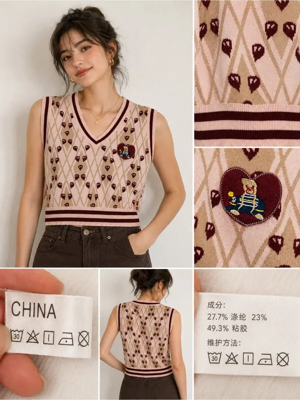 Sleeveless V-Neck Heart Argyle Knit Vest in Blush - Image 2