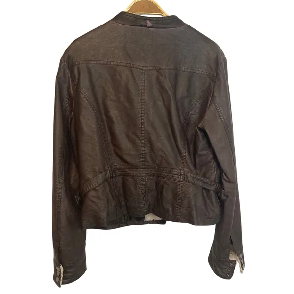 Vintage Blanc Noir Brown Leather Fur Full Zip Button Collar Bomber Jacket Large - Image 2