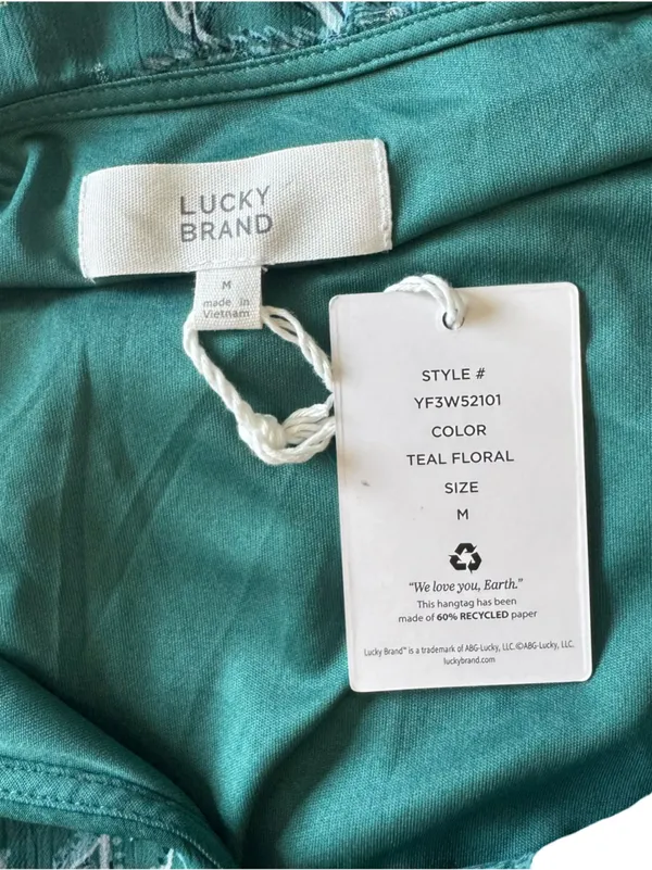 Lucky Brand - NWT Teal Paisley Chiffon Midi Dress Long Sleeve Metallic Sz M - Image 7