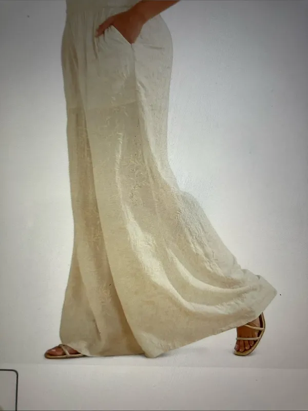 Rewash Cream Wide-Leg Smocked Waist Pants w/tonal leaf pattern - Image 3