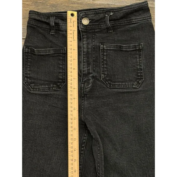 Zara The Patch Pockets Marine Straight Jeans Black High Waist Wide Leg Raw Hem 4 - Image 6