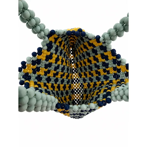 Lulus NYC Beaded Gingham Tote Bag Blue Yellow Handmade Checkerboard Purse - Image 3