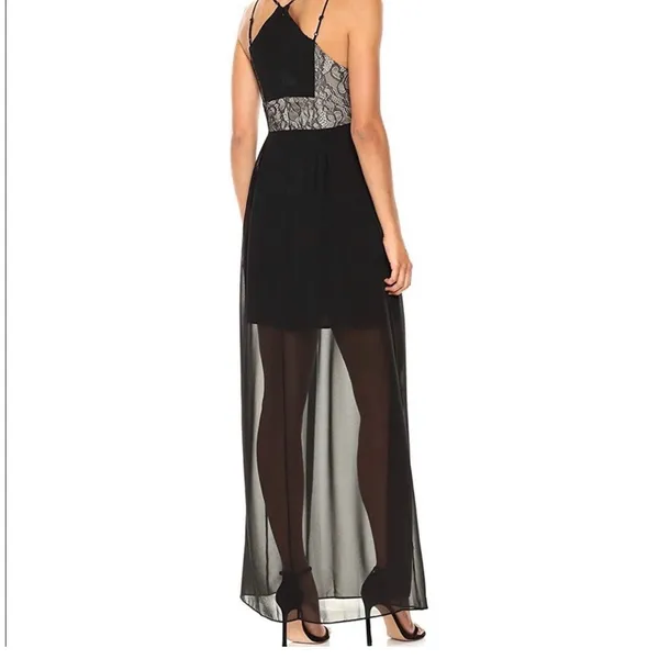 BCBGeneration Black Lace Trim T-Strap Back Chiffon Maxi Dress Size 4 - Image 3