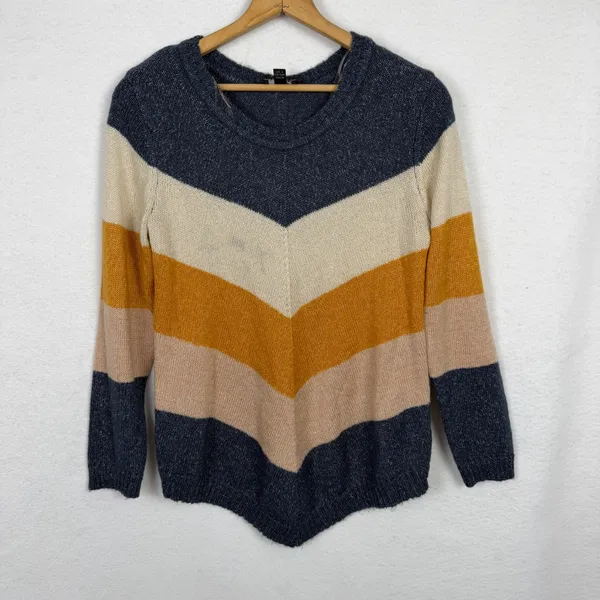 Sweater Womens Large Chevron Stripe Sharkbite Hem Multicolor Boho Fall Casual - Image 5