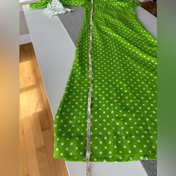 Vintage 1960s Handmade Lime Green White Polka Dot Column Maxi Dress and Scarf - Image 9