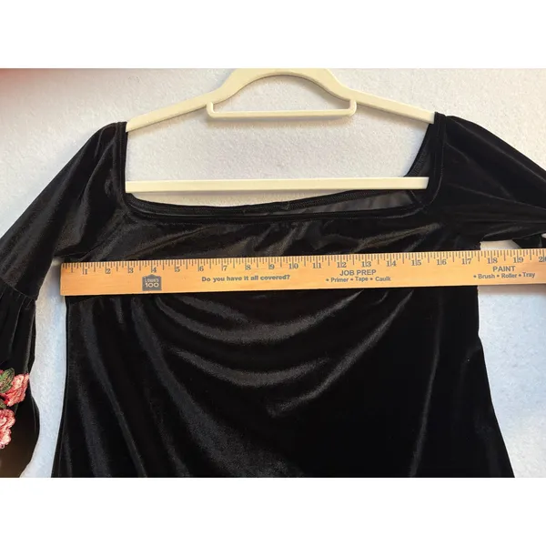 Pretty Angel Black Velvet Off The Shoulder Mini Dress Floral Embroidered Bell Sleeve Shift - Image 6